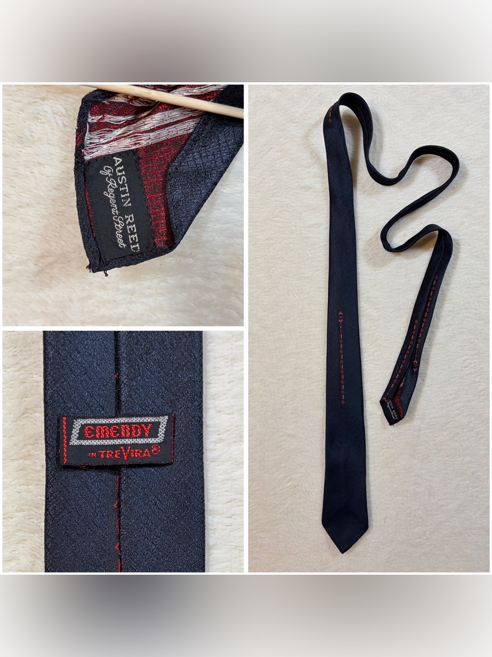 Vintage Austin Reed Men's Geometric Black Red Trevira Slim Skinny Long Tie